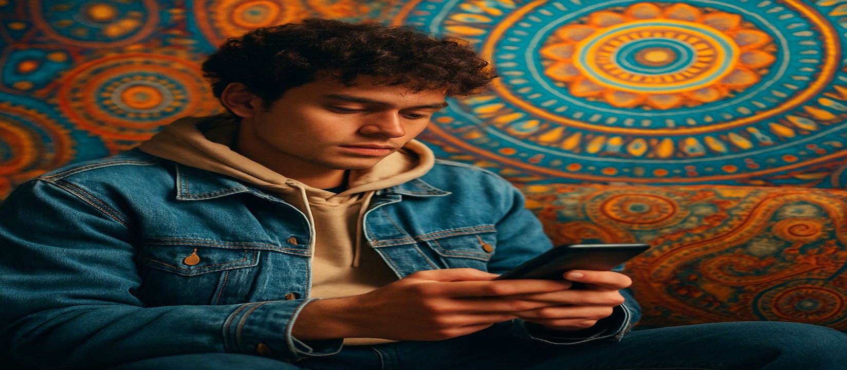 সামনের সোফায় আরাম করে বসে স্মার্টফোনে 444k অ্যাপটি ব্যবহার করছেন একজন ব্যক্তি