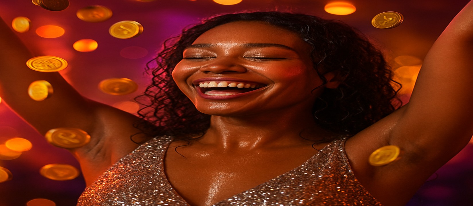 এভিয়েটর গেমে জয়ের আনন্দে উল্লাসিত এক নারী, চারপাশে স্বর্ণমুদ্রা উড়ছে