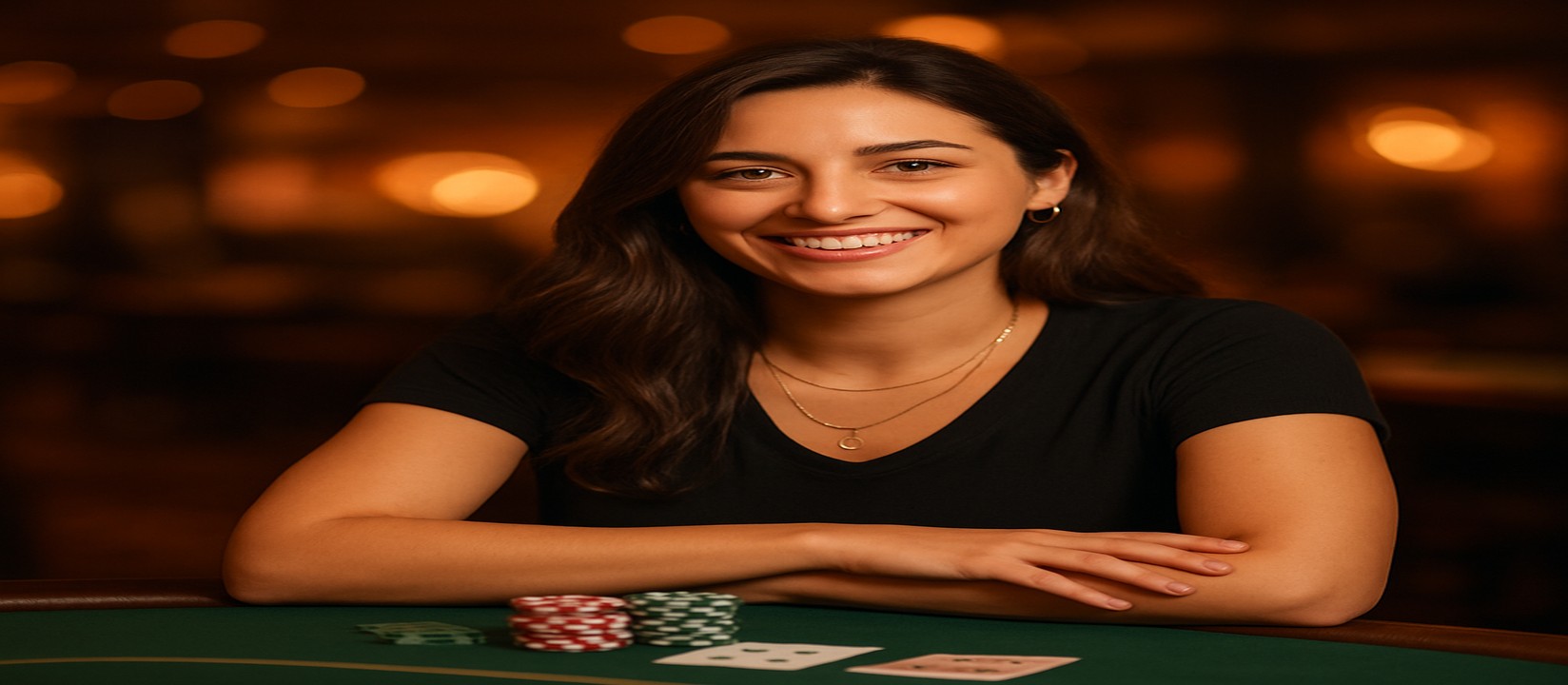 গেমিং প্ল্যাটফর্ম 444k-এ একটি হাসিখুশি নারী খেলার টেবিলে বসে সামনে চিপ ও কার্ড রেখেছেন, তিনি বিস্তৃত খেলার বৈচিত্র্য উপস্থাপন করেন