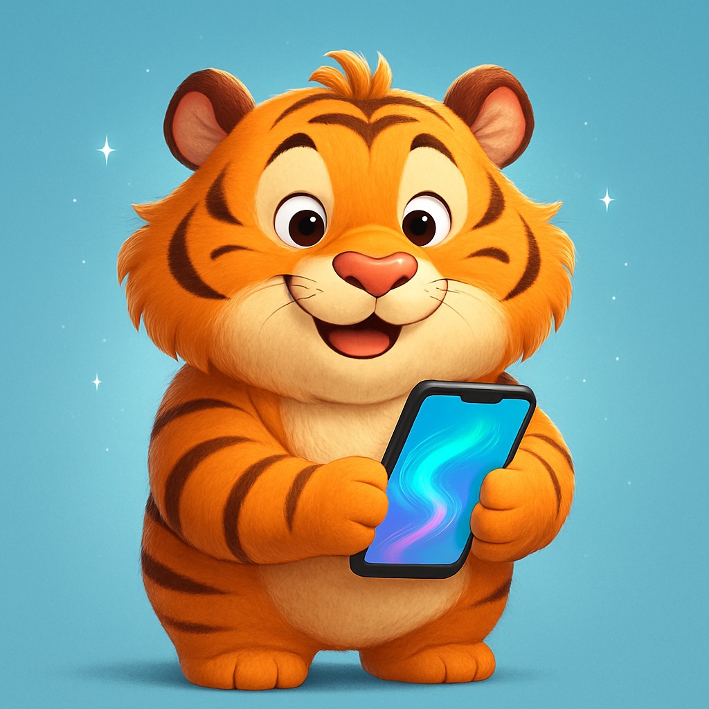 স্মার্টফোনে 444k অ্যাপটি ব্যবহার করছে সেই কার্টুন বাঘশাবক