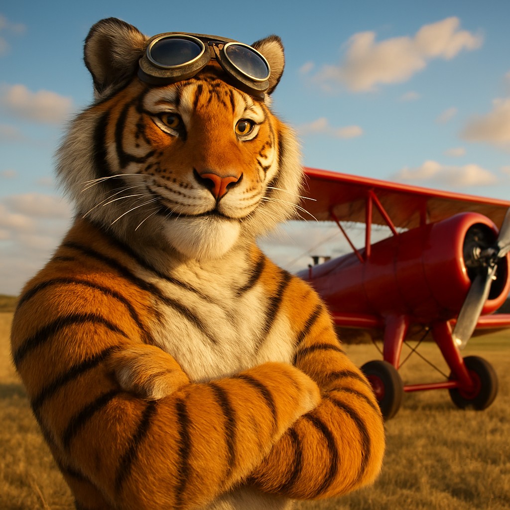 এভিয়েটর গেমটির প্রতীকের রূপ হিসেবে লাল বিমানের নিকটে দাঁড়িয়ে থাকা টাইগার পাইলট