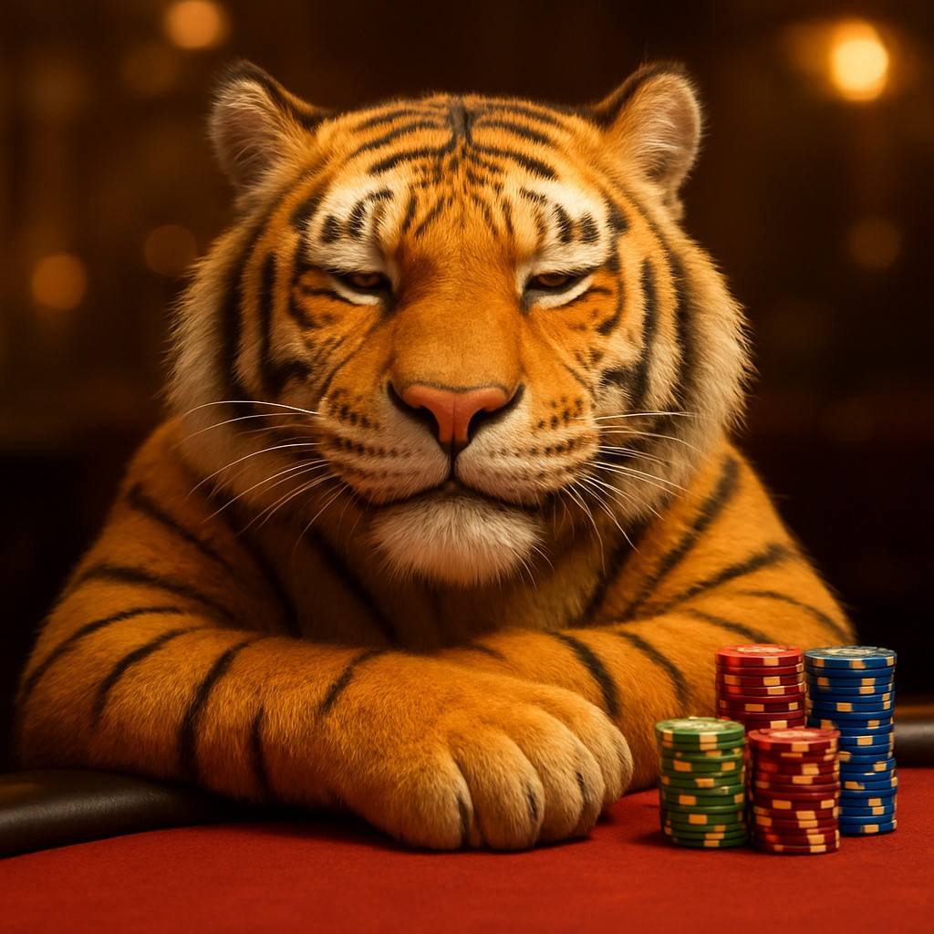 444k গেমিং প্ল্যাটফর্মে গেম টেবিলে চিপস নিয়ে বসে হাসিখুশি টাইগার শাবক