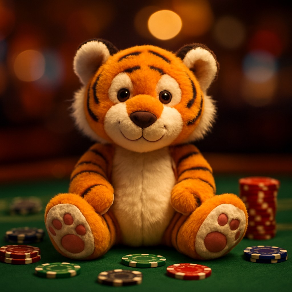 একটি ছোট বাঘের বাচ্চা একটি টেবিলের ওপর বসে আছে, সামনে চिपগুলো ছড়িয়ে রয়েছে