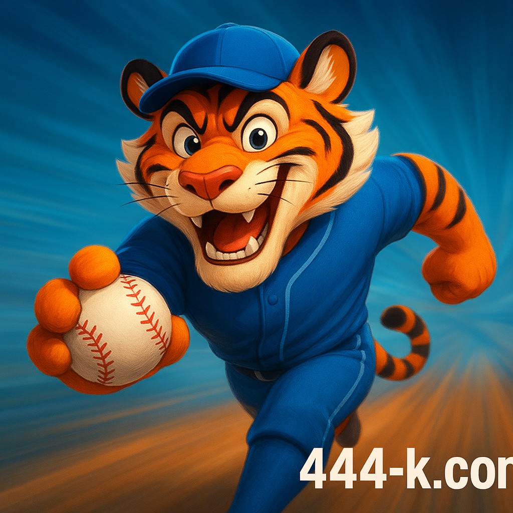 444k ক্রিকেট গেমিংয়ের প্রতীক হিসেবে হাতে বল ধরা ইউনিফর্ম পরা একটি আনন্দিত টাইগার শাবক