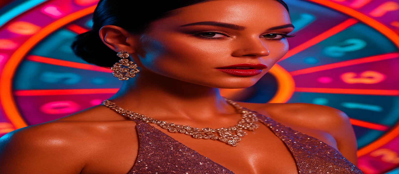 চাকার সামনে উজ্জ্বল পোশাকে একটি নারী, রঙিন গেমিং প্ল্যাটফর্মসহ