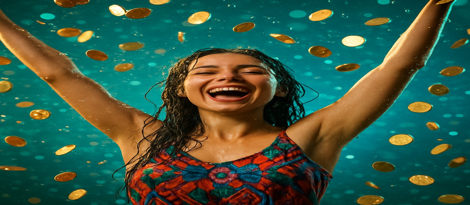 মুদ্রার ঝরনার মাঝখানে এক রঙিন পোশাকে নারী